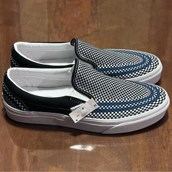 VANS Slip On Skate Shoes Black Blue Gray Mini Checkered NEW! Women’s 8 Men’s 6.5 - Picture 3 of 11
